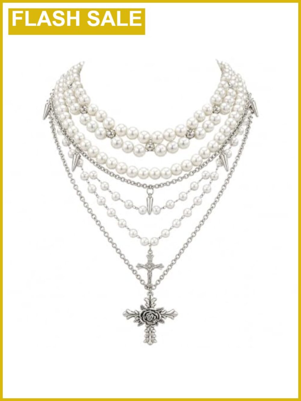 5Pcs Layered Faux Pearl Cross Necklace Set Adjustable Gothic